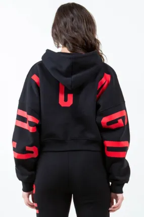 American Bazi Letter Graphic Long Sleeve Drawstring Cropped Hoodie