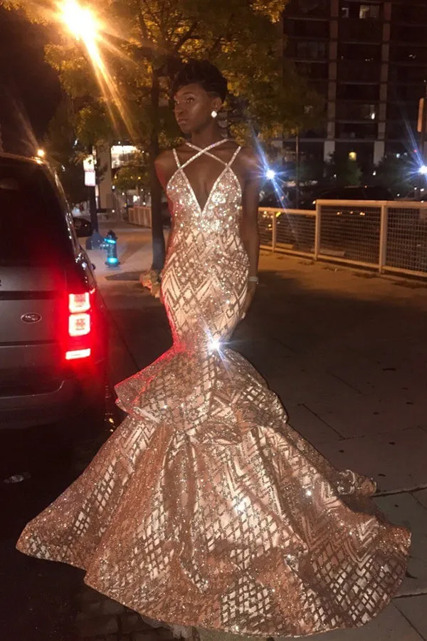 Chic V-neck Spaghetti Mermaid Sequins Pattern Long Prom Dresses