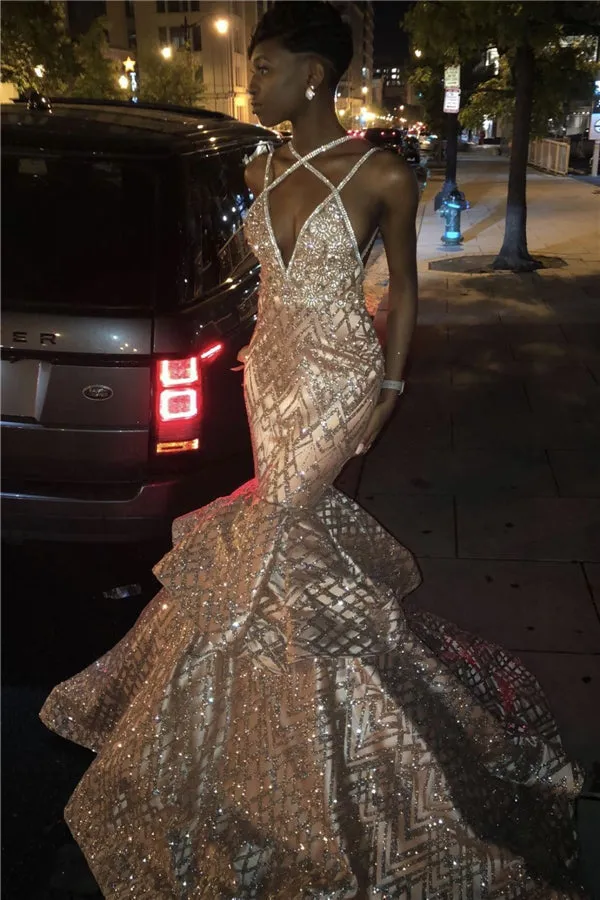 Chic V-neck Spaghetti Mermaid Sequins Pattern Long Prom Dresses