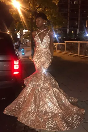 Chic V-neck Spaghetti Mermaid Sequins Pattern Long Prom Dresses