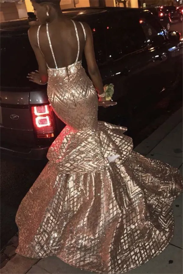 Chic V-neck Spaghetti Mermaid Sequins Pattern Long Prom Dresses