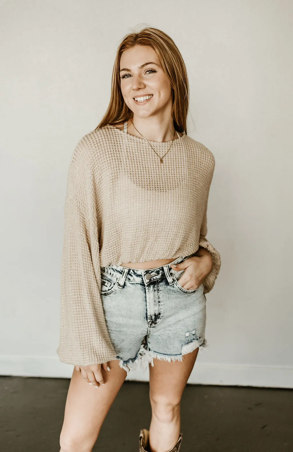 Cropped Waffle Knit Bubble Sleeve Top
