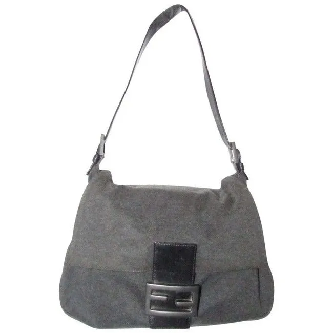 Fendi Shoulder Bag Jersey Mamma Forever Jerseypatent Charcoal Grayblack Wool And Leather Baguette