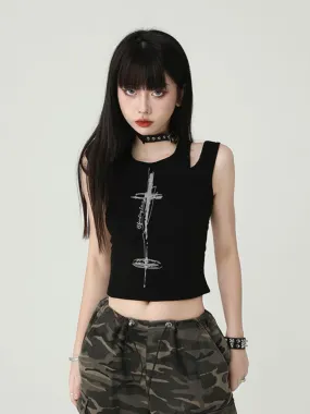 Gothic Black Cross Backless Glamorous Cropped Sleeveless Top