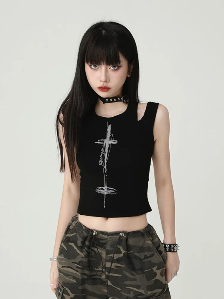 Gothic Black Cross Backless Glamorous Cropped Sleeveless Top