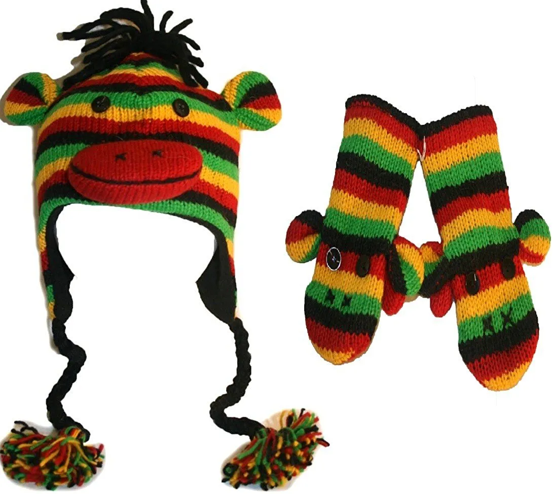 Kids Size - Soft Warm Knit Wool Fleece Lined Flap Animal Hat Mitten Set