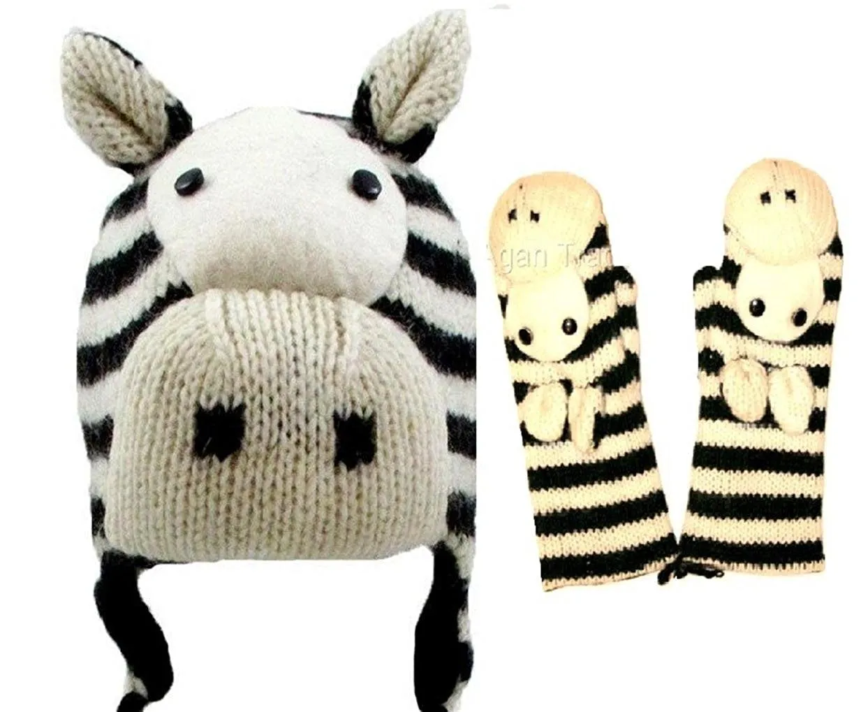 Kids Size - Soft Warm Knit Wool Fleece Lined Flap Animal Hat Mitten Set