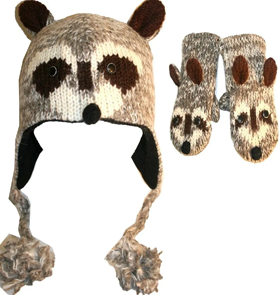 Kids Size - Soft Warm Knit Wool Fleece Lined Flap Animal Hat Mitten Set