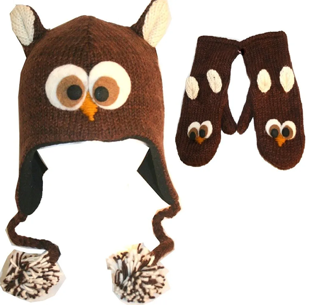 Kids Size - Soft Warm Knit Wool Fleece Lined Flap Animal Hat Mitten Set