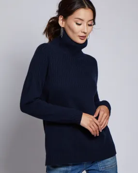 Womans Half Ribbed Cashmere Blend Turtleneck Sweater in Navy - order size down, runs large