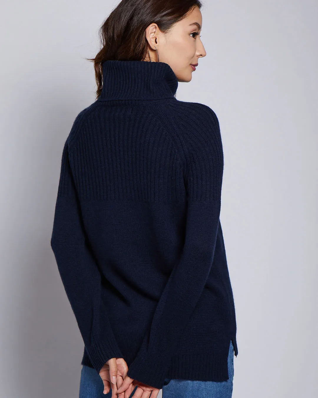 Womans Half Ribbed Cashmere Blend Turtleneck Sweater in Navy - order size down, runs large