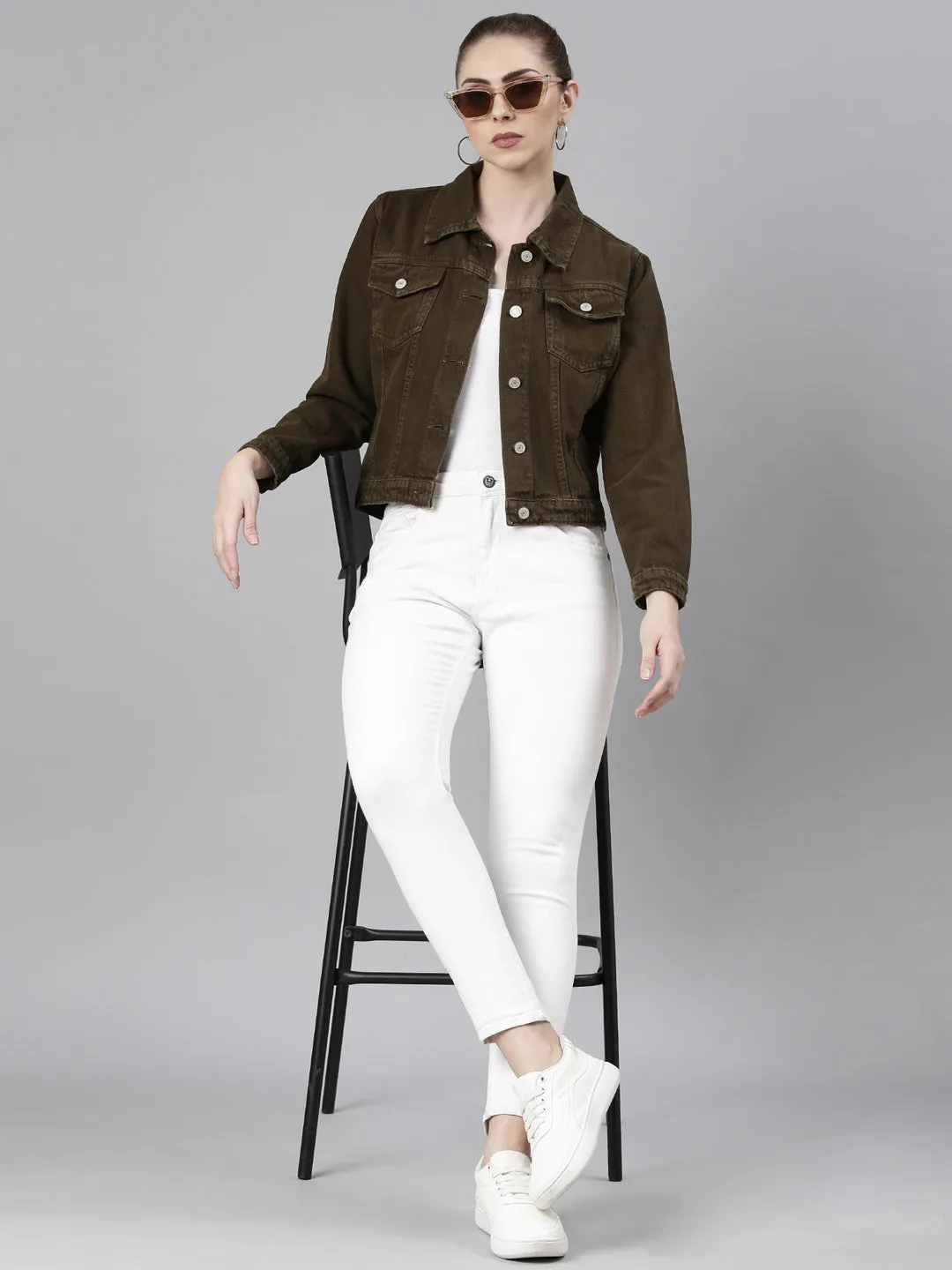 Women Brown Solid Denim Jacket