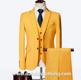 Yellow 3 Piece 100% Wool Suits For Men